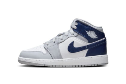 Air Jordan 1 Mid Big Kids' Shoes Color: White/Wolf Grey/Midnight Navy Size: 6Y