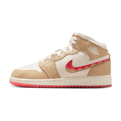 Jordan 1 Mid SE Sneakers, Desert/Fusion Red-Pale Ivory, 6 Big Kids