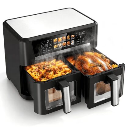 13QT Dual Basket Air Fryer Oven, 1700W with Sync and Match Cook, 10-in-1 Digital Touchscreen Countertop Toaster Oven, Independent Temperature Control for Family Meals