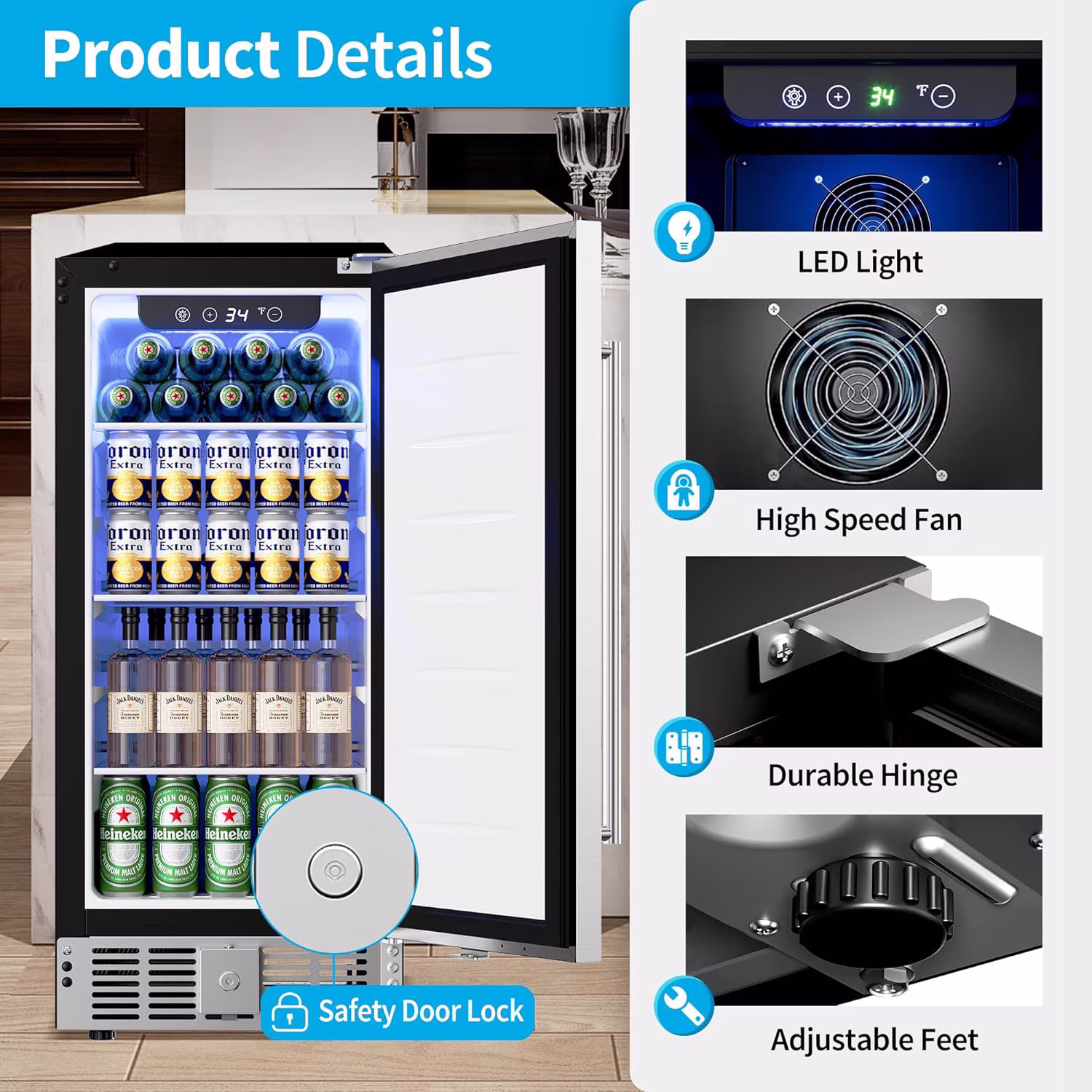 15 Inch Undercounter Beverage Refrigerator,3 Cu.ft / 126 Cans Beverage Fridge with Stainless Steel Door for Beer Wine Soda -Built-in or Freestanding Wine Cooler for Home Kitchen Bar,32-50°F - Image 3