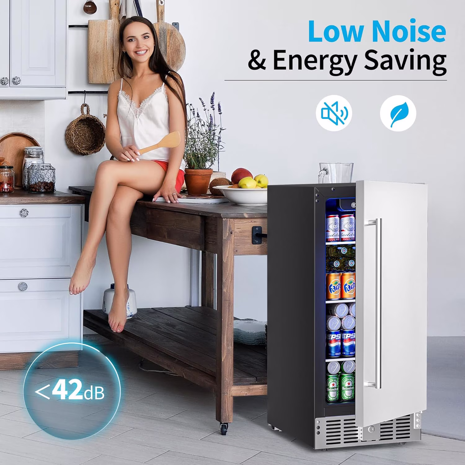 15 Inch Undercounter Beverage Refrigerator,3 Cu.ft / 126 Cans Beverage Fridge with Stainless Steel Door for Beer Wine Soda -Built-in or Freestanding Wine Cooler for Home Kitchen Bar,32-50°F - Image 2