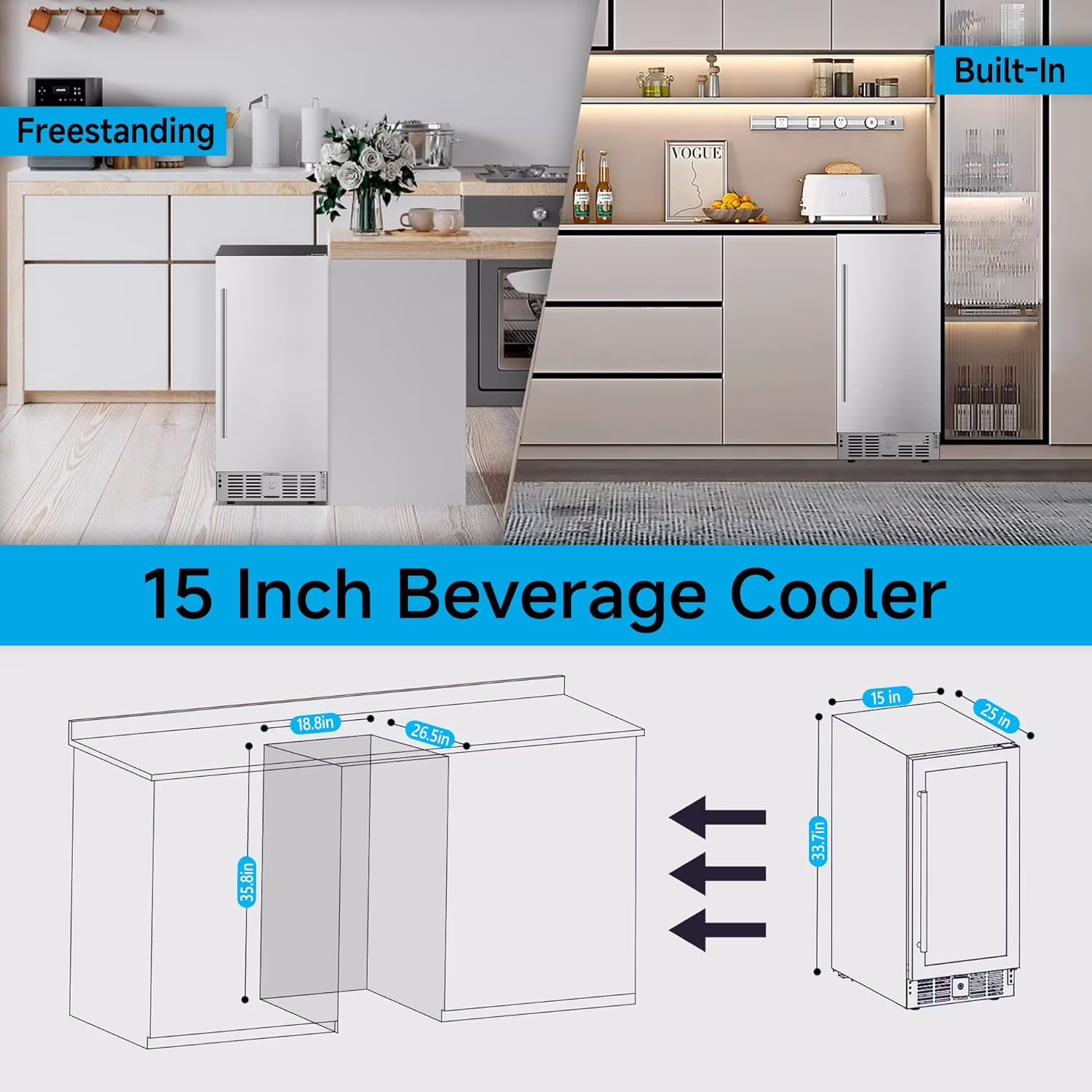 15 Inch Undercounter Beverage Refrigerator,3 Cu.ft / 126 Cans Beverage Fridge with Stainless Steel Door for Beer Wine Soda -Built-in or Freestanding Wine Cooler for Home Kitchen Bar,32-50°F - Image 4
