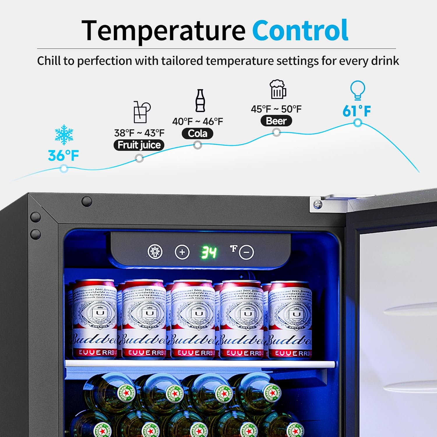 15 Inch Undercounter Beverage Refrigerator,3 Cu.ft / 126 Cans Beverage Fridge with Stainless Steel Door for Beer Wine Soda -Built-in or Freestanding Wine Cooler for Home Kitchen Bar,32-50°F - Image 5