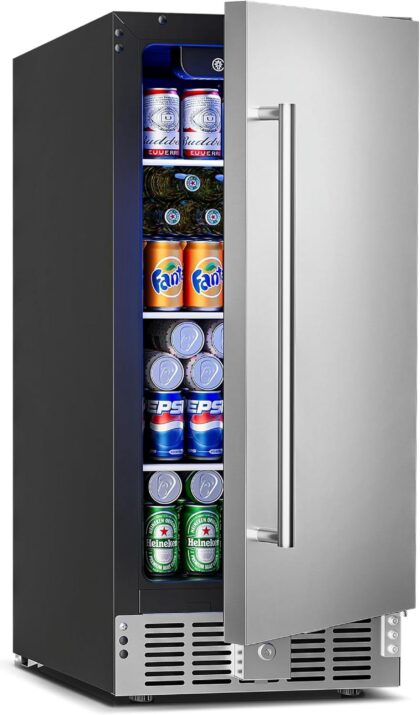 15 Inch Undercounter Beverage Refrigerator,3 Cu.ft / 126 Cans Beverage Fridge with Stainless Steel Door for Beer Wine Soda -Built-in or Freestanding Wine Cooler for Home Kitchen Bar,32-50°F