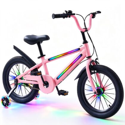16 Inch Lighted Kids Bike for Boys & Girls，Kids Bicycle with 4 LED Light Modes 8 Colors Frame and Training Wheels for 4-7 Years Old
