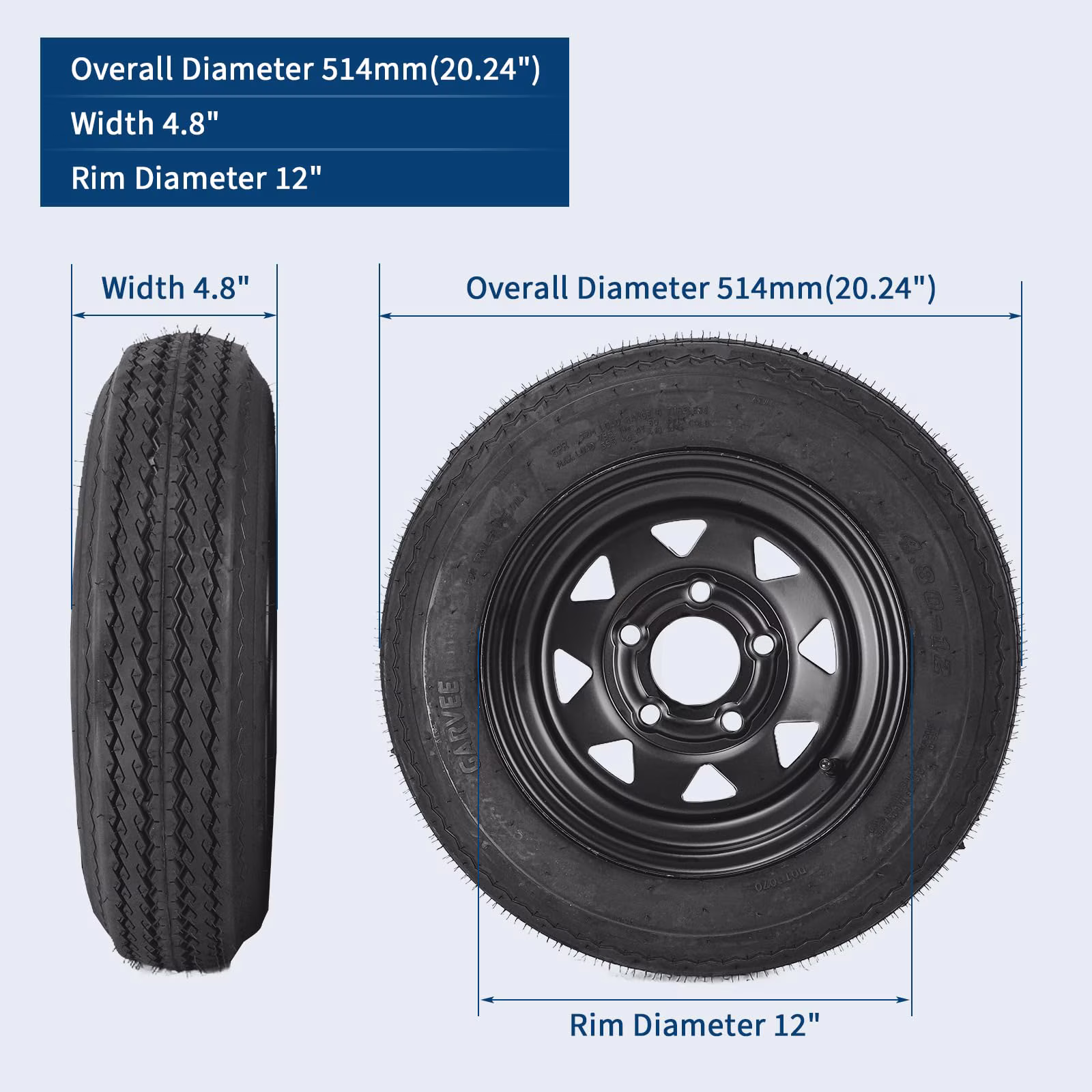 2-Pack Trailer Tire On Rim 4.80-12 480-12 4.80x12 Trailer Tires and 5 Lug on 4.5" PCD 12 in Wheels 6PR Black - Image 2
