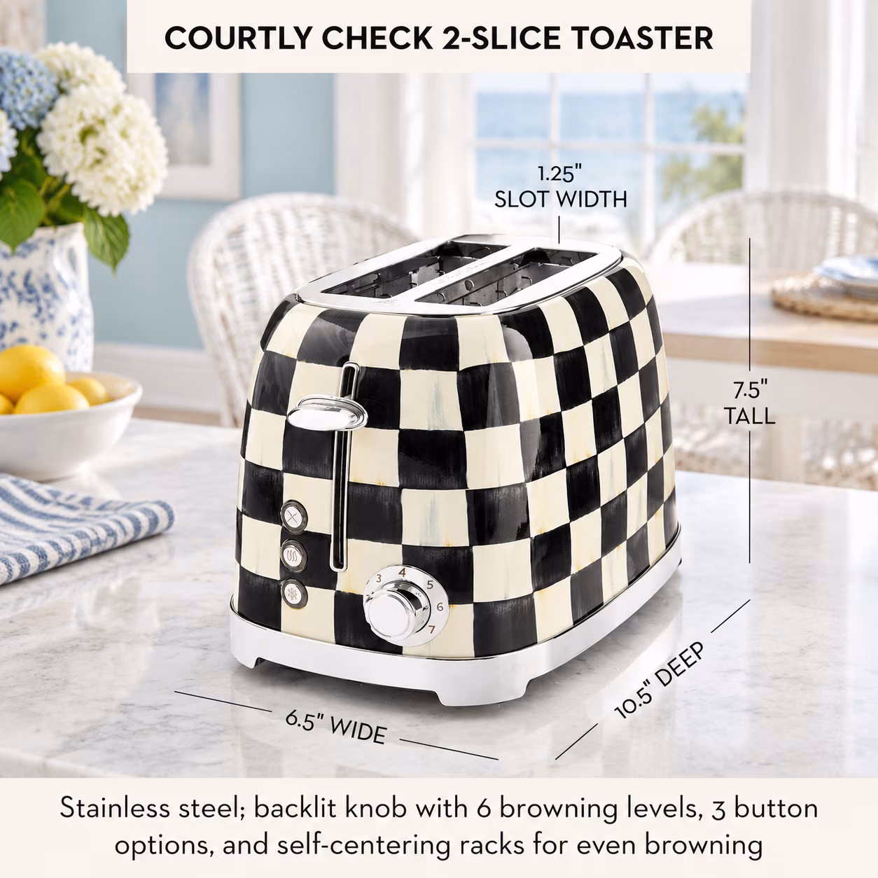 2-slice Toaster Courtly Check Black-and-White Stainless Steel Kitchen Appliance - Image 4