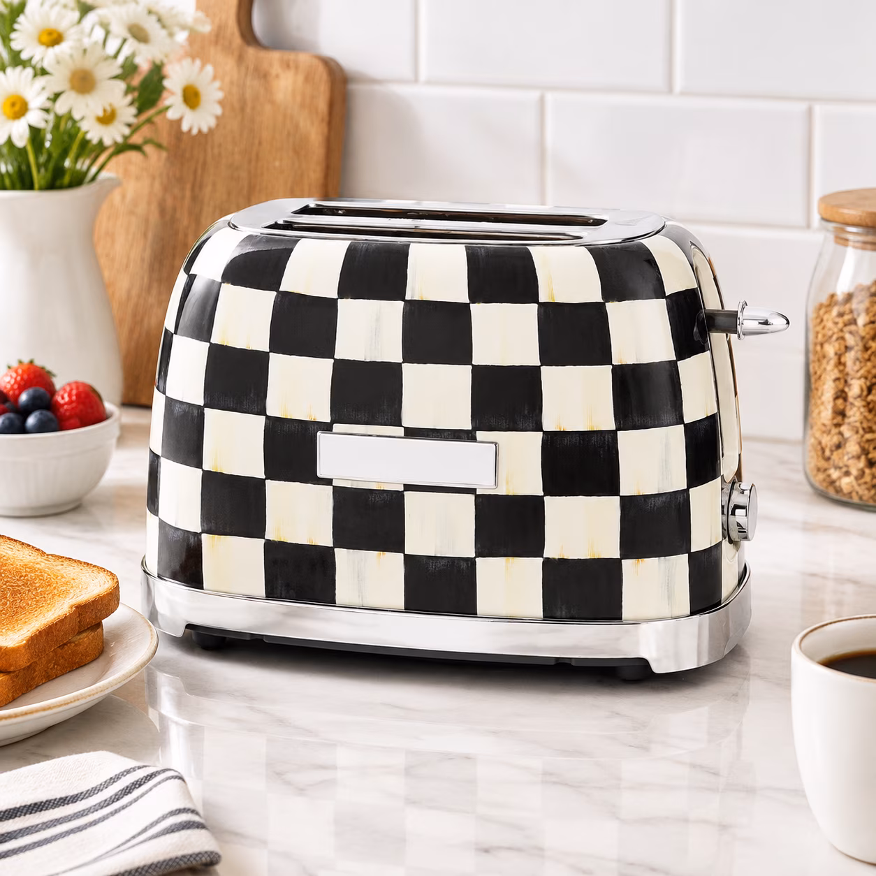 2-slice Toaster Courtly Check Black-and-White Stainless Steel Kitchen Appliance