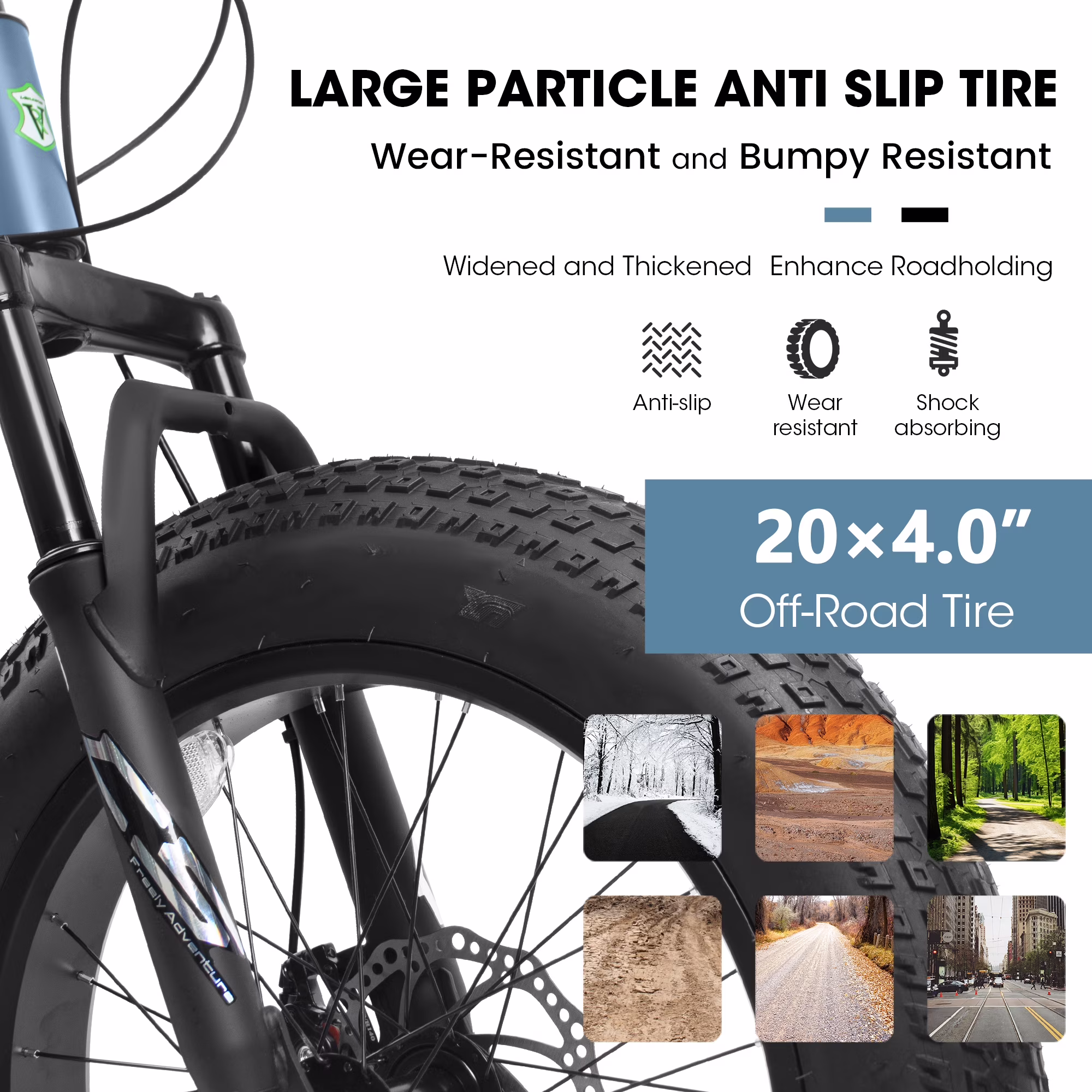 20" Fat Tire Mountain Bike, 7-Speed with Front Suspension, Dual Disc Brakes, Steel Frame, All-Terrain Ride – Blue - Image 2