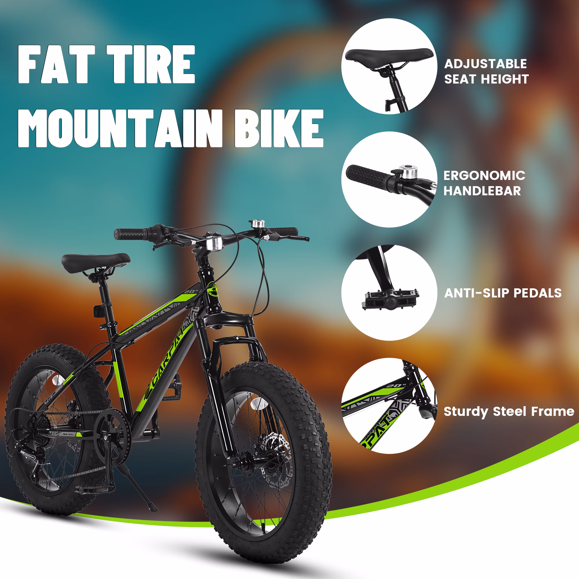 20 Inch Fat Tire Kids Mountain Bike, 7-Speed Mountain Bicycle with Dual Disc Brake and Front Suspension, High-Carbon Steel Frame Kids MTB for Boys Girls Ages 8-12 Year Old, Black-Green - Image 4