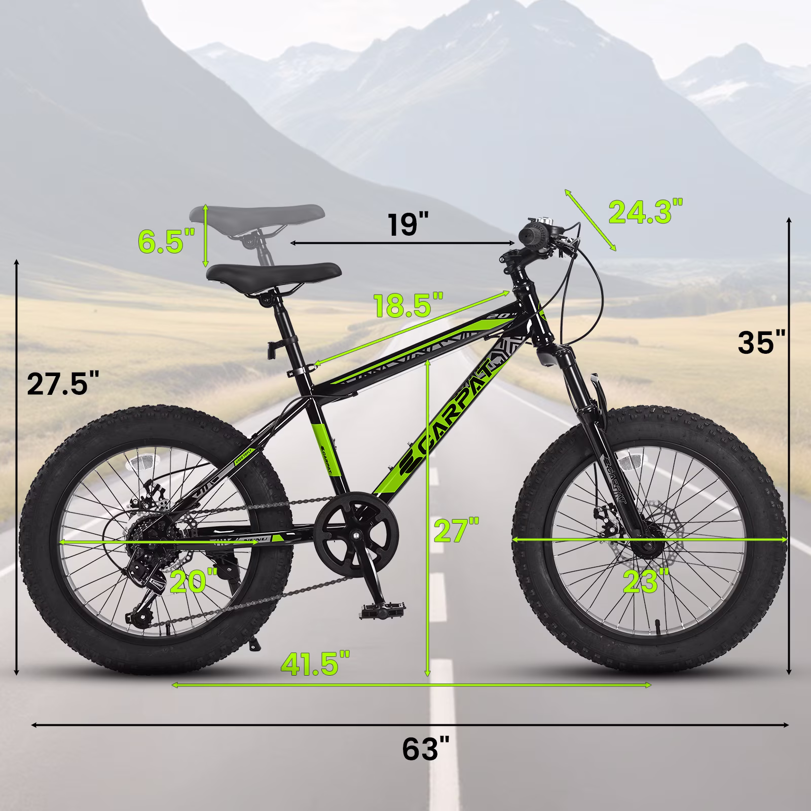 20 Inch Fat Tire Kids Mountain Bike, 7-Speed Mountain Bicycle with Dual Disc Brake and Front Suspension, High-Carbon Steel Frame Kids MTB for Boys Girls Ages 8-12 Year Old, Black-Green - Image 3