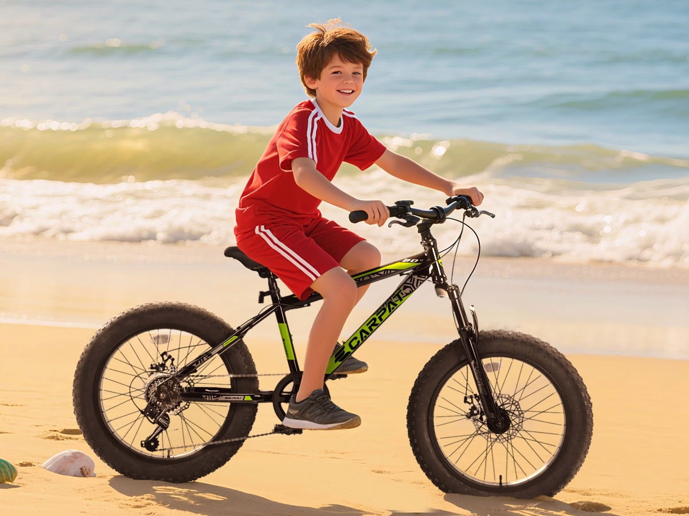 20 Inch Fat Tire Kids Mountain Bike, 7-Speed Mountain Bicycle with Dual Disc Brake and Front Suspension, High-Carbon Steel Frame Kids MTB for Boys Girls Ages 8-12 Year Old, Black-Green - Image 5
