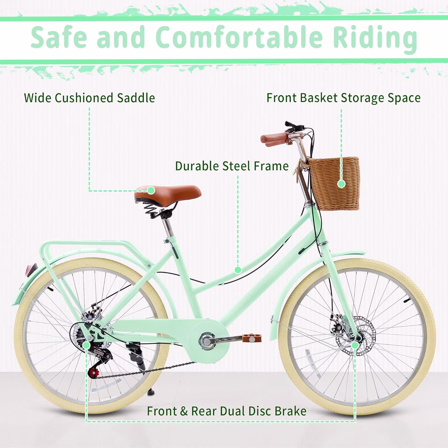 20 Inch Women's Bikes, Cuoote Bike for 6-15 Years with Rattan Basket, Lightweight Carbon Steel Frame, Bicycles 7-Speed Cruiser - Image 2