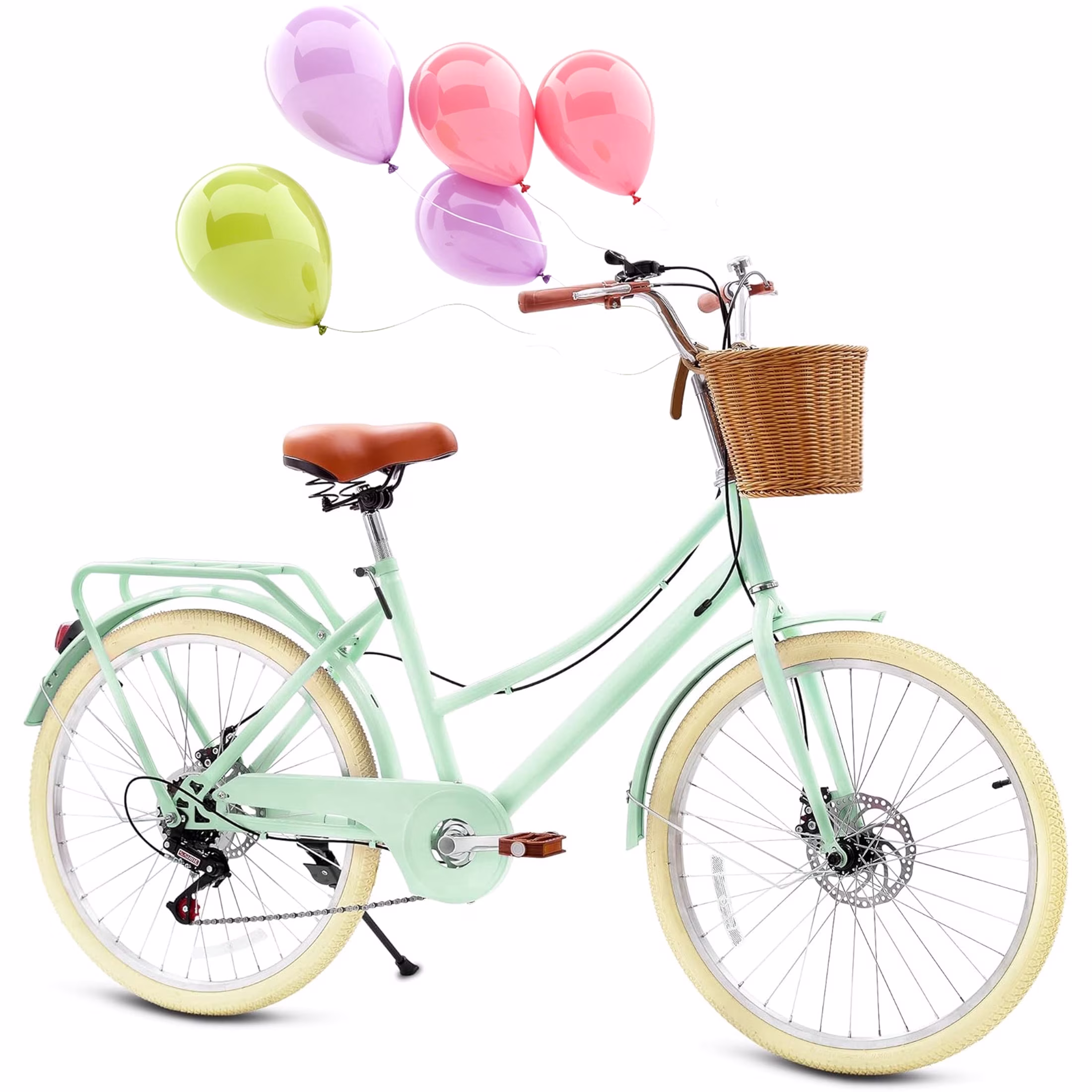 20 Inch Women's Bikes, Cuoote Bike for 6-15 Years with Rattan Basket, Lightweight Carbon Steel Frame, Bicycles 7-Speed Cruiser