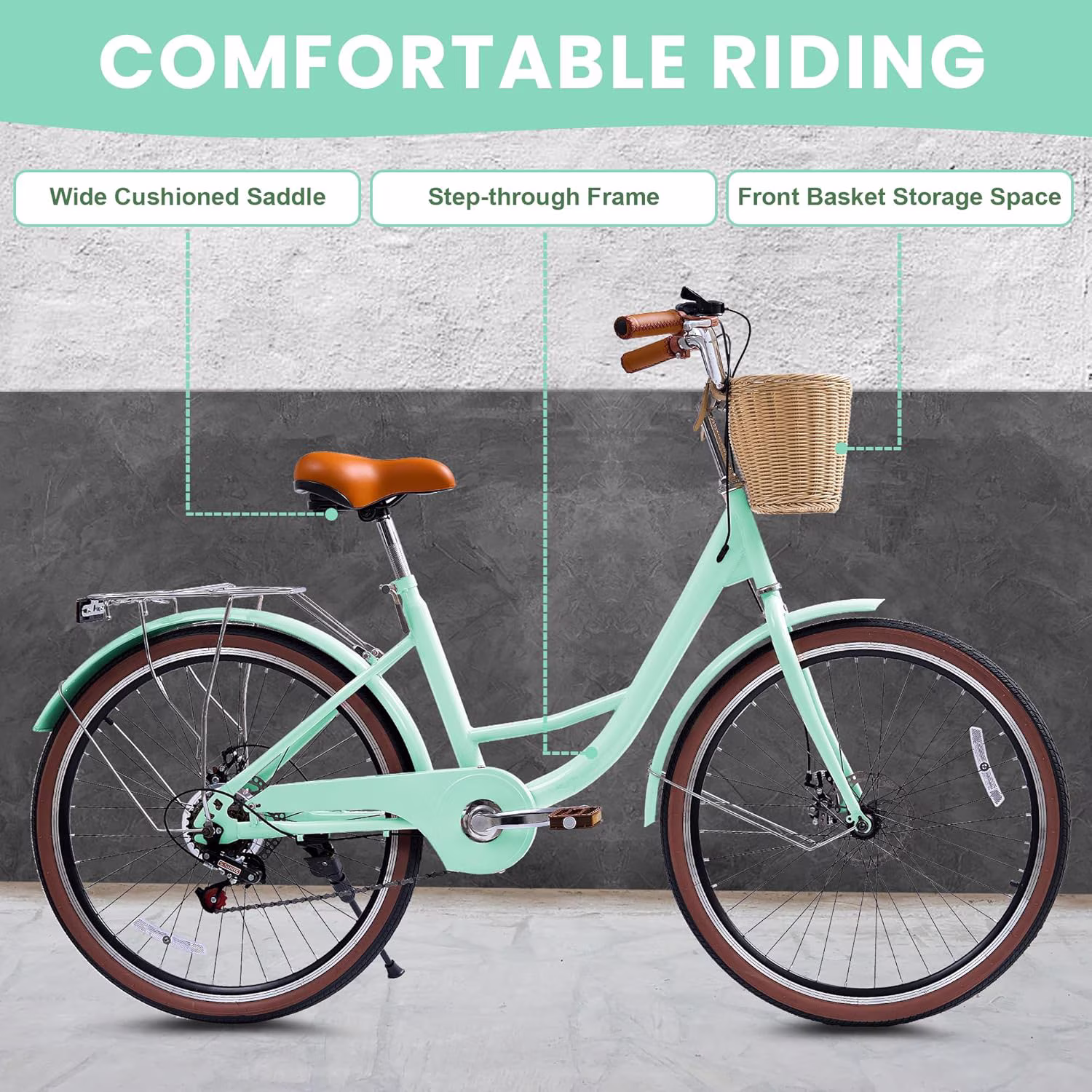 24" Beach Cruisers for Women, NEORIVER Bikes for Women with Rattan Basket, 7-Speed & Step-Through Frame - Image 5