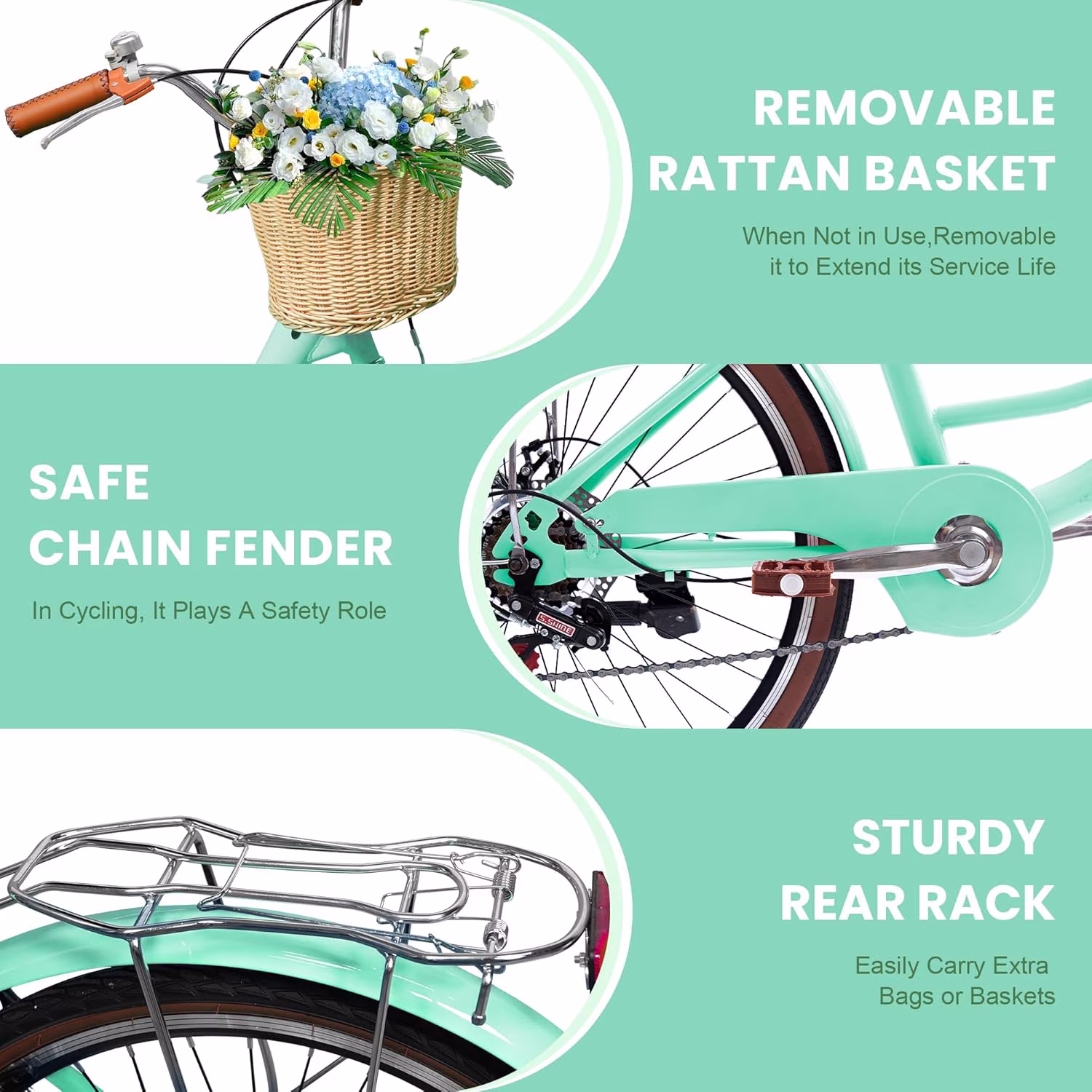 24" Beach Cruisers for Women, NEORIVER Bikes for Women with Rattan Basket, 7-Speed & Step-Through Frame - Image 4