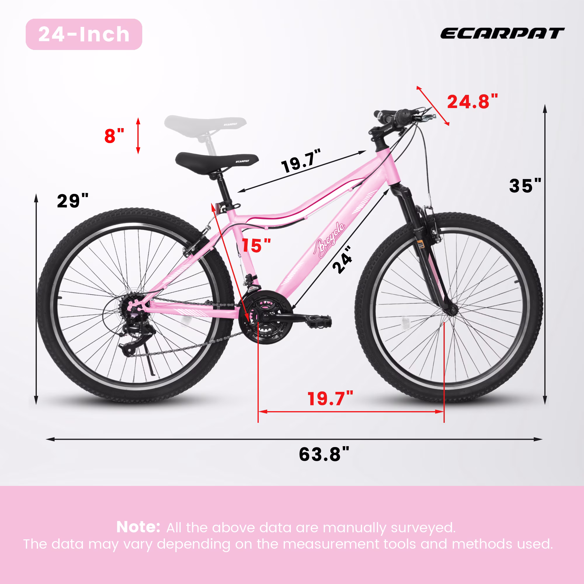 24 Inch Girls Mountain Bike, 21-Speed with Front Suspension - Pink - Image 3