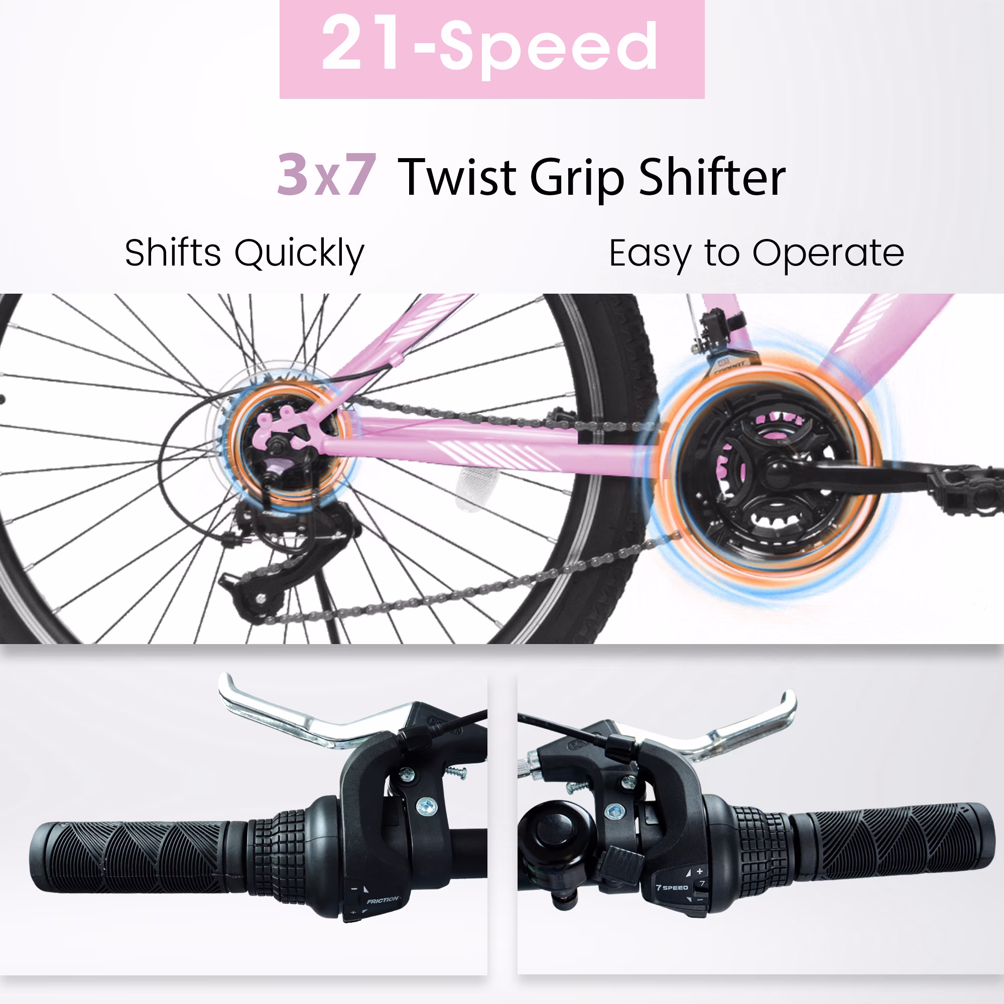 24 Inch Girls Mountain Bike, 21-Speed with Front Suspension - Pink - Image 5