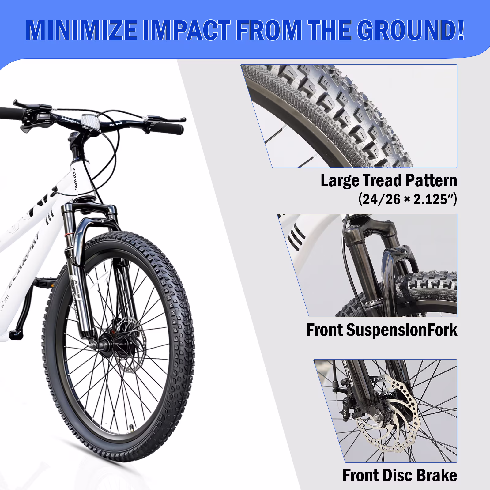 24 Inch Mountain Bike, 9-Speed Mountain Bicycle with Front Suspension and Dual Disc Brakes, Carbon Steel Frame MTB Bike for Teenagers Adult Men Women, White - Image 5