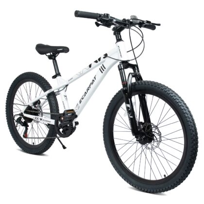 24 Inch Mountain Bike, 9-Speed Mountain Bicycle with Front Suspension and Dual Disc Brakes, Carbon Steel Frame MTB Bike for Teenagers Adult Men Women, White
