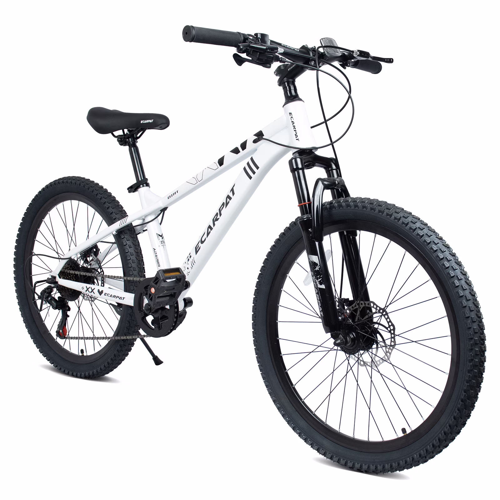 24 Inch Mountain Bike, 9-Speed Mountain Bicycle with Front Suspension and Dual Disc Brakes, Carbon Steel Frame MTB Bike for Teenagers Adult Men Women, White
