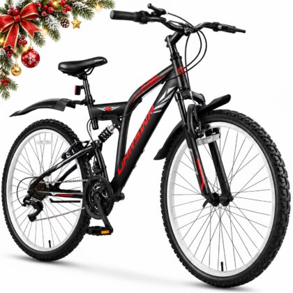 24" Inch Mountain Bike for Men & Women, 21-Speed Full Suspension MTB, High-Carbon Steel Frame, Quick Release Front Wheel, Dual Fenders Bicycle