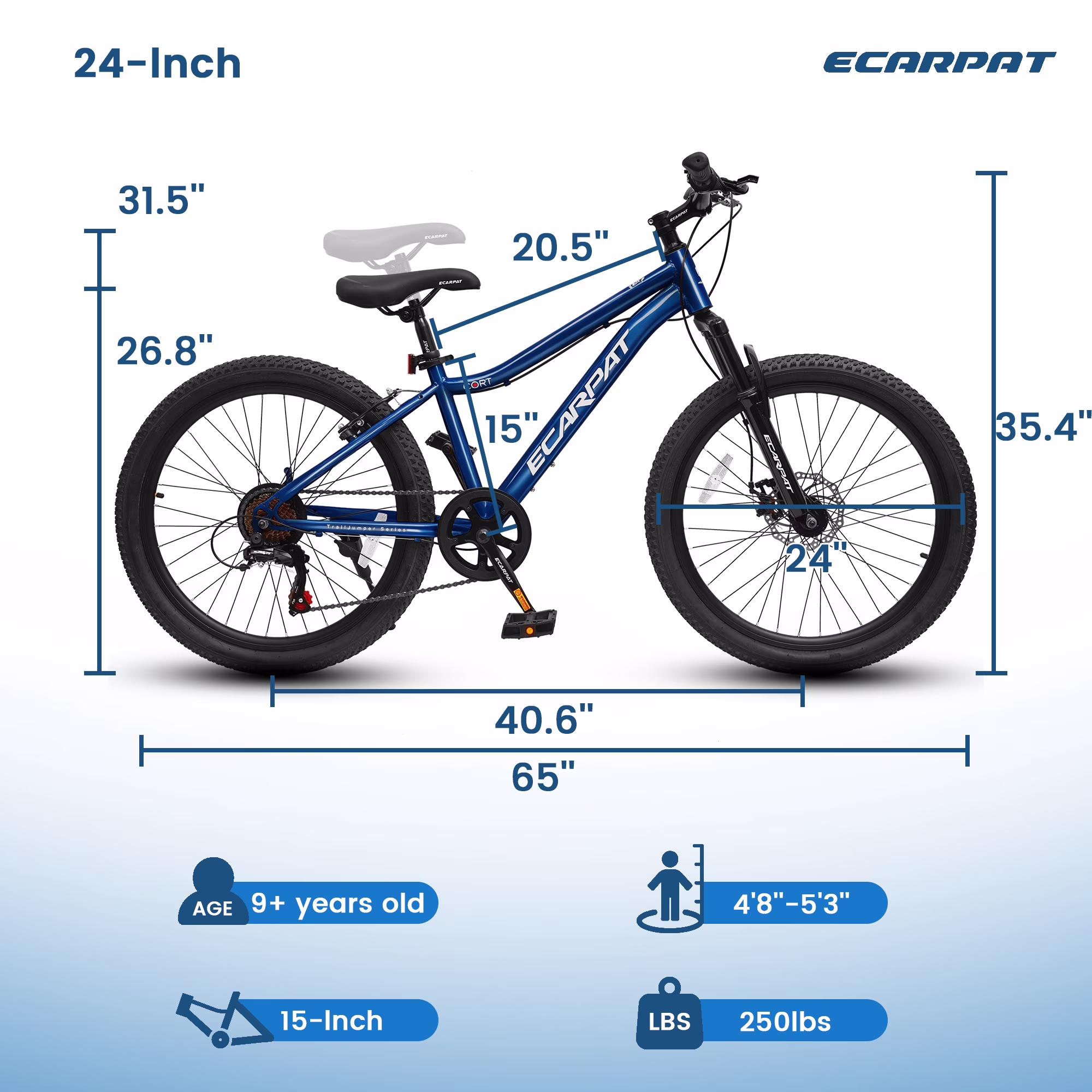 24 Inch Mountain Bike for Teenager, 7 Speed Mountain Bicycle with Front Suspension, Front Disc Brake and Rear V-Brake, Carbon Steel Frame Outdoor Cycling City Bike, Blue - Image 4