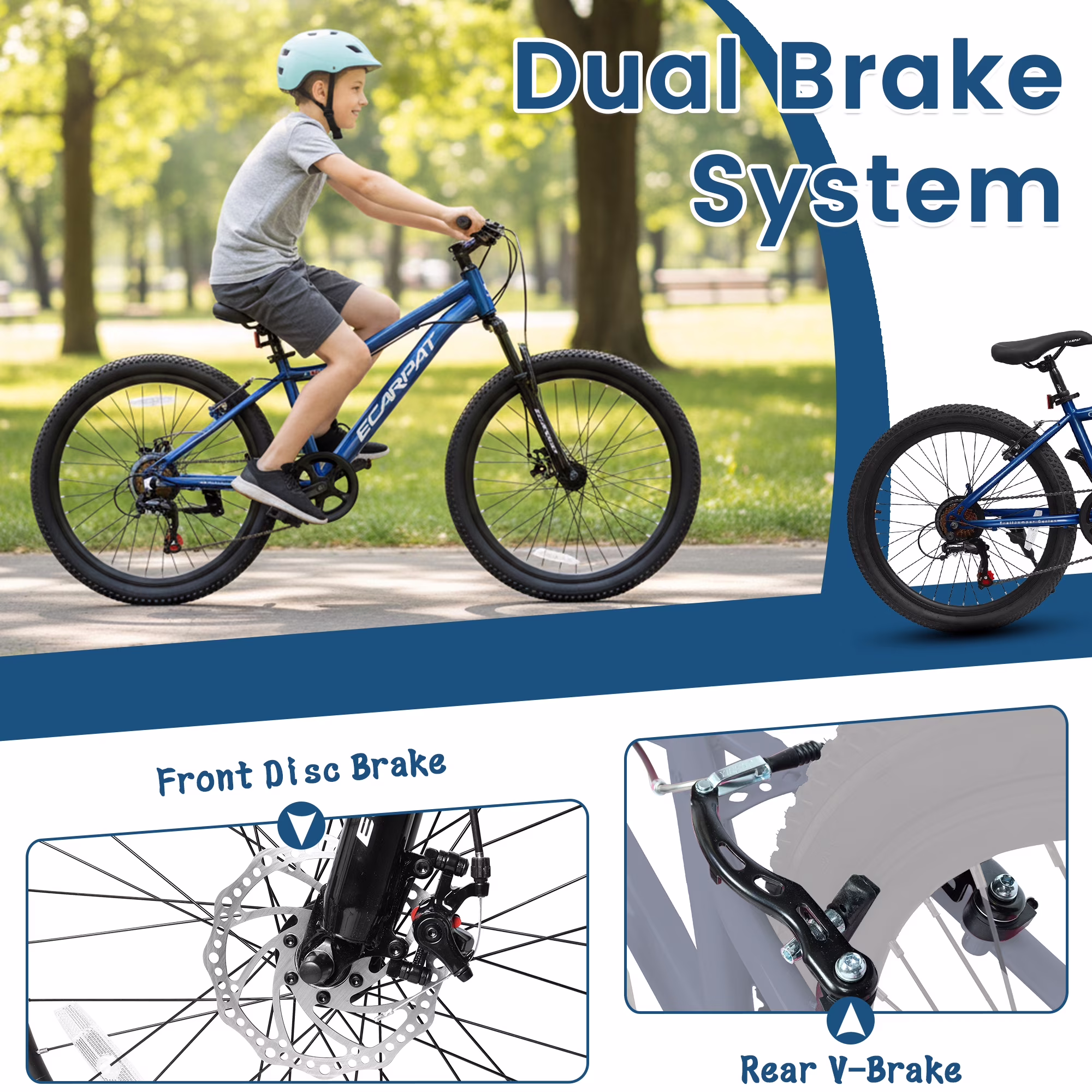 24 Inch Mountain Bike for Teenager, 7 Speed Mountain Bicycle with Front Suspension, Front Disc Brake and Rear V-Brake, Carbon Steel Frame Outdoor Cycling City Bike, Blue - Image 5