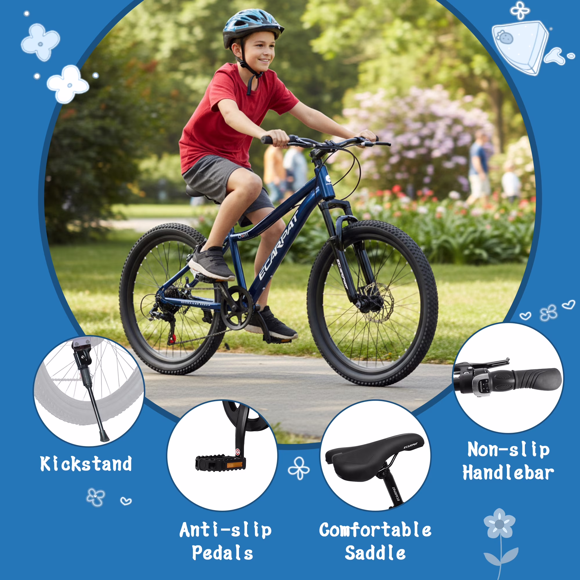 24 Inch Mountain Bike for Teenager, 7 Speed Mountain Bicycle with Front Suspension, Front Disc Brake and Rear V-Brake, Carbon Steel Frame Outdoor Cycling City Bike, Blue - Image 3