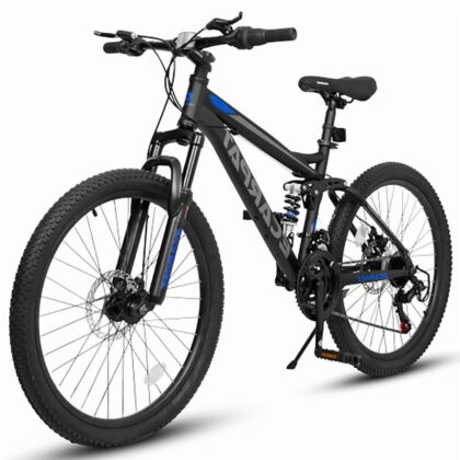 24 Inch Mountain Bike for Teenagers, High Carbon Steel Frame, Dual Full Suspension Mountain Bike, Mountain Tire, 21 Speed Mens Womens Outdoor Cycling, Birthday Gifts