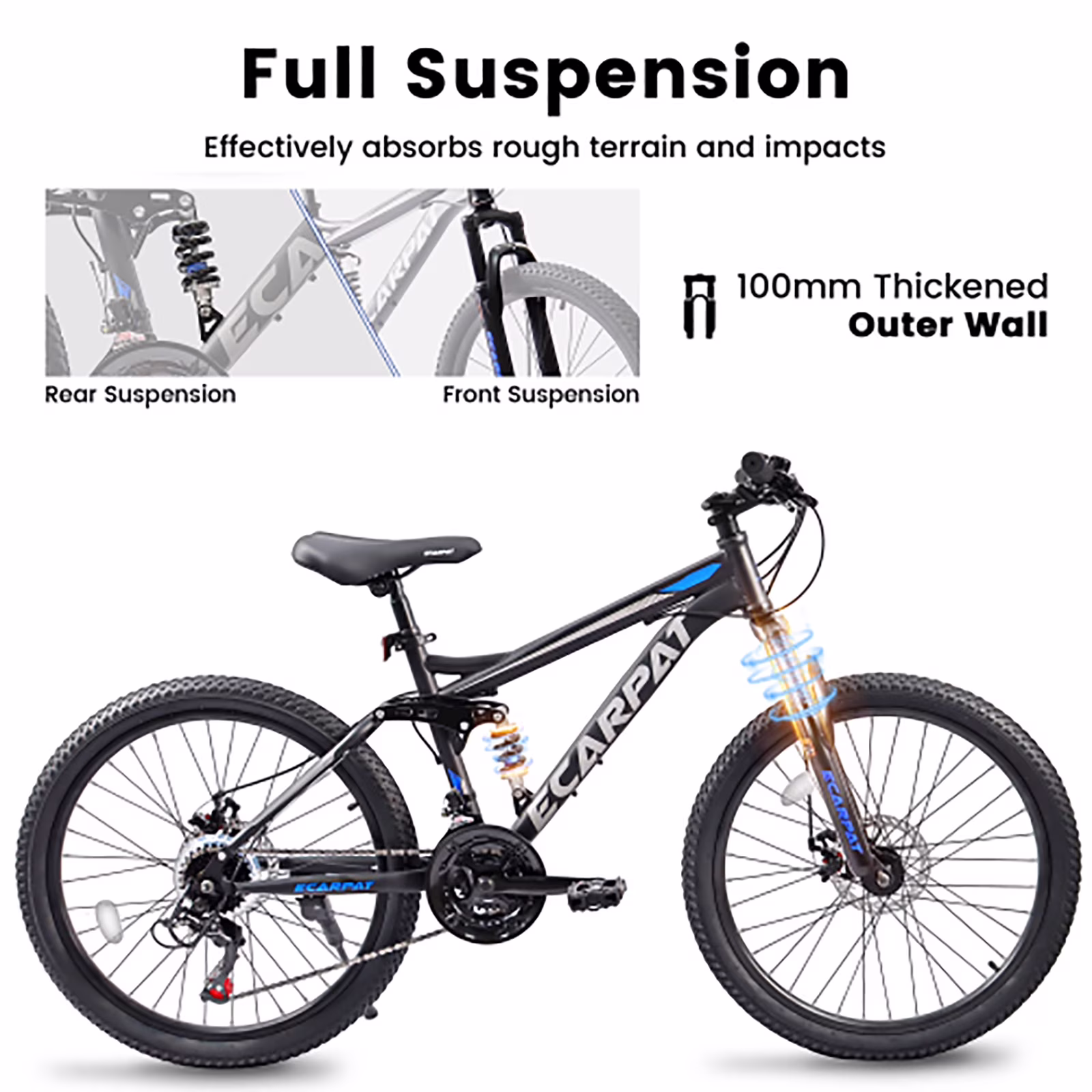 24 Inch Mountain Bike for Teenagers, High Carbon Steel Frame, Dual Full Suspension Mountain Bike, Mountain Tire, 21 Speed Mens Womens Outdoor Cycling, Birthday Gifts - Image 4