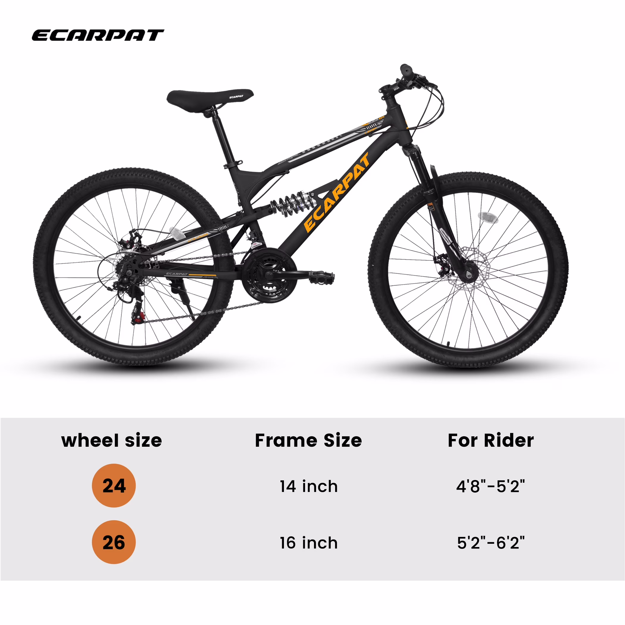 24 Inch Mountain Bike Full Suspension, 21 Speed Mountain Bicycle with Double Disc Brakes, Carbon Steel Frame Commuter City Bike for Adult Men Women, Black-Orange - Image 3