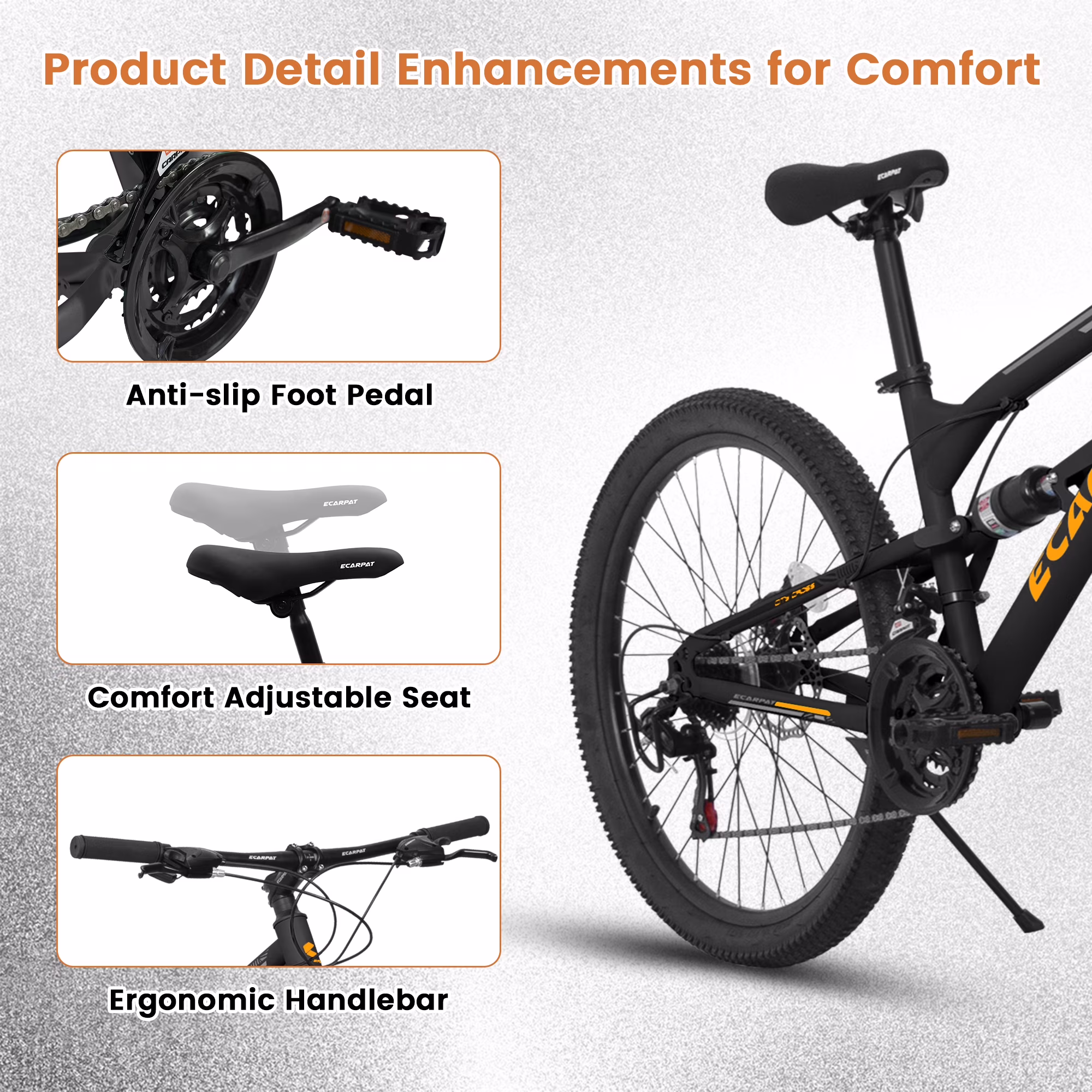 24 Inch Mountain Bike Full Suspension, 21 Speed Mountain Bicycle with Double Disc Brakes, Carbon Steel Frame Commuter City Bike for Adult Men Women, Black-Orange - Image 2