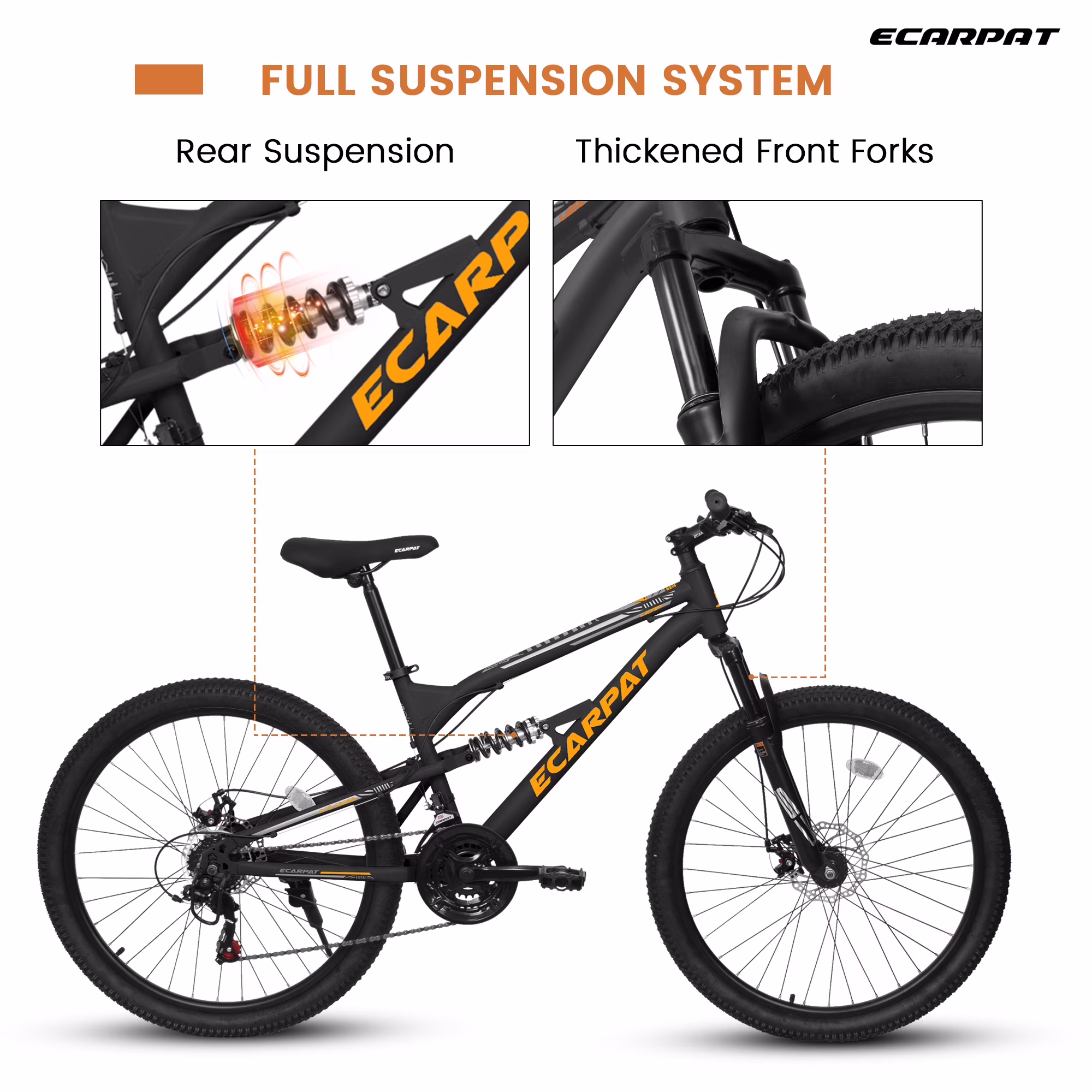 24 Inch Mountain Bike Full Suspension, 21 Speed Mountain Bicycle with Double Disc Brakes, Carbon Steel Frame Commuter City Bike for Adult Men Women, Black-Orange - Image 5