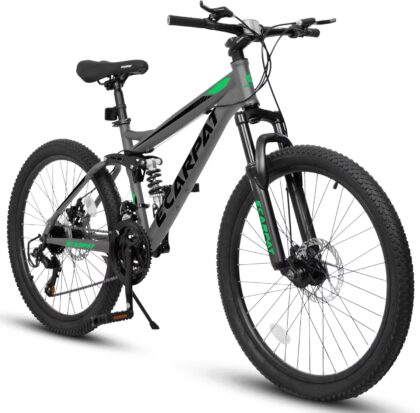 24" Mountain Bike for Adults, 21 Speed Full Suspension MTB, Dual Disc Brakes, High Carbon Steel Frame, 85% Pre-Assembled, for Men & Women