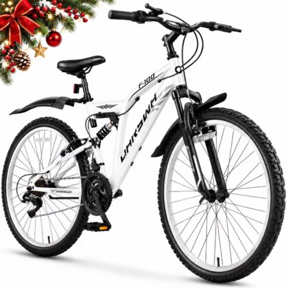 26" Full Suspension Mountain Bike, 21-Speed Bicycle for Teens and Adults, White
