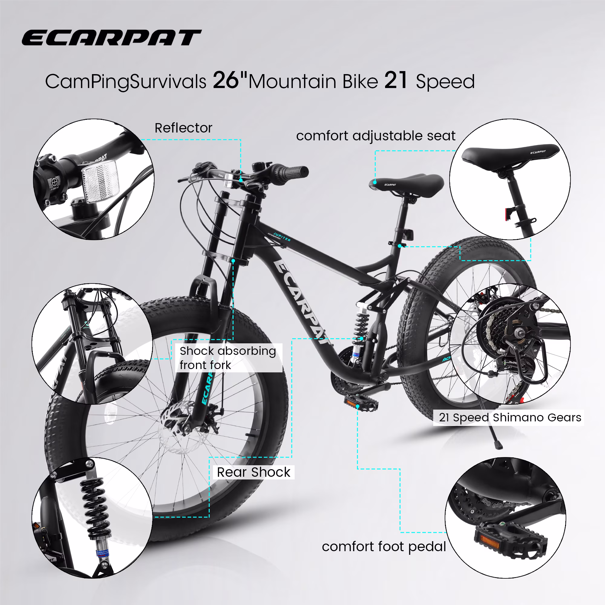 Men's 26" Full-Suspension Fat Tire Bike, 21-Speed Drivetrain & Disc Brakes for Trail Riding-Black - Image 2