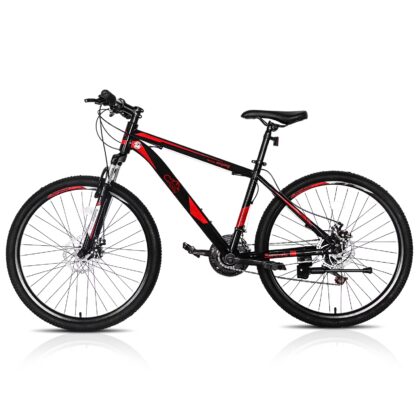 26-Inch 21-Speed Mountain Bike (Red/Black) – Double Disc Brakes, Shock-Absorbing Front Fork, High Carbon Steel Frame, Explorer Series