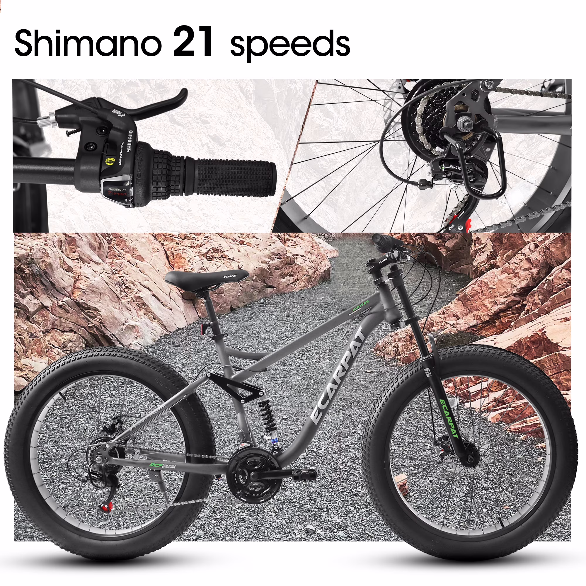26 Inch Fat Tire Mountain Bikes, Dual Full Suspension 21 Speed, 4-Inch Wide Fat Tire, for Mens Womens Bicycles, Gray - Image 3