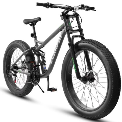 26 Inch Fat Tire Mountain Bikes, Dual Full Suspension 21 Speed, 4-Inch Wide Fat Tire, for Mens Womens Bicycles, Gray