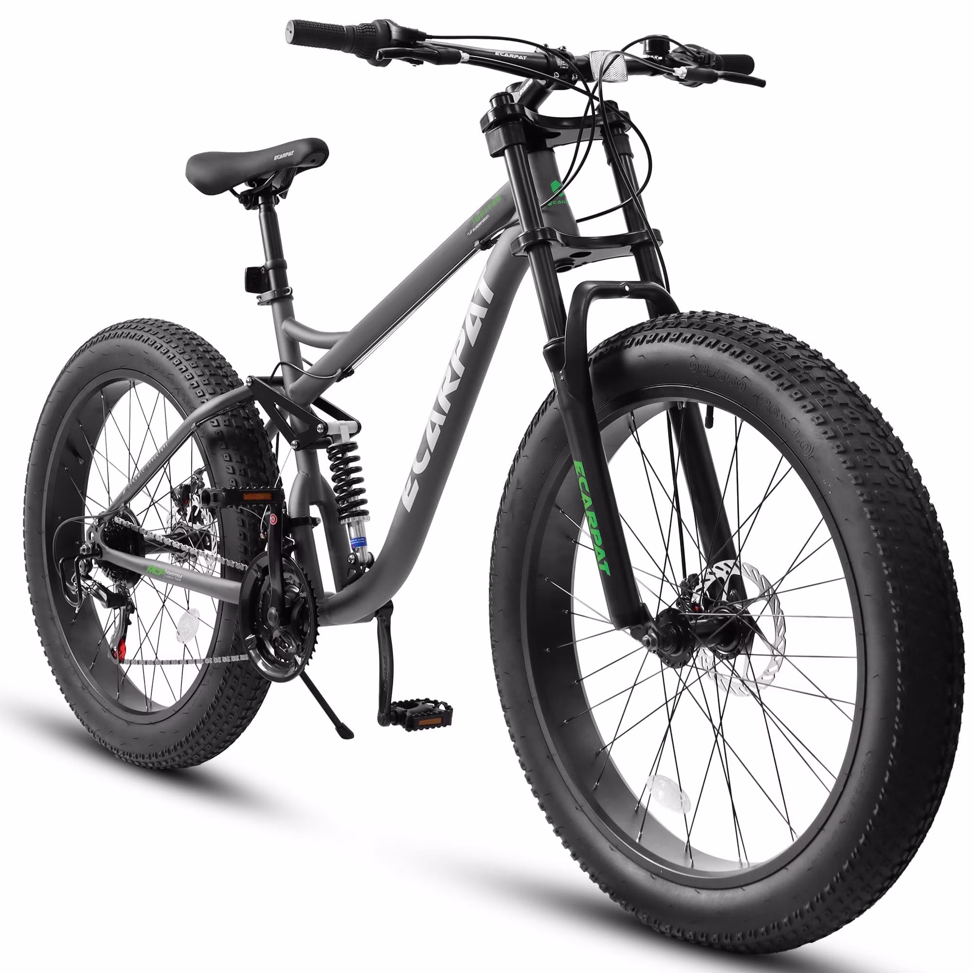 26 Inch Fat Tire Mountain Bikes, Dual Full Suspension 21 Speed, 4-Inch Wide Fat Tire, for Mens Womens Bicycles, Gray