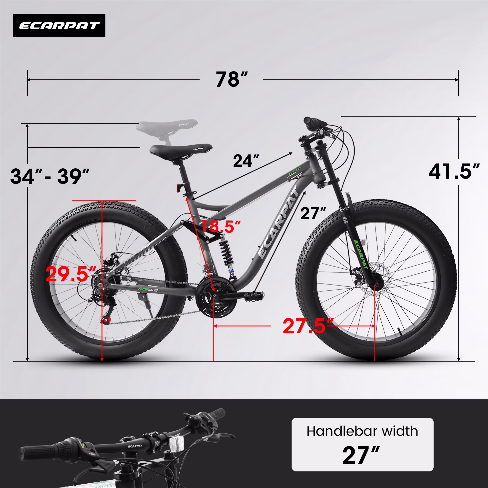 26 Inch Fat Tire Mountain Bikes, Dual Full Suspension 21 Speed, 4-Inch Wide Fat Tire, for Mens Womens Bicycles, Gray - Image 4