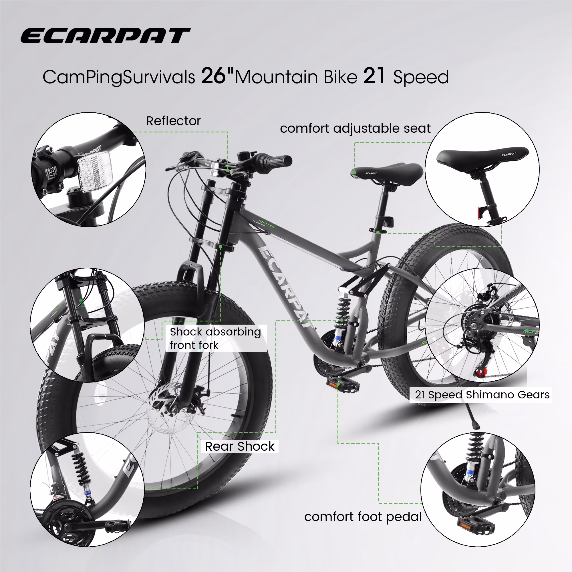 26 Inch Fat Tire Mountain Bikes, Dual Full Suspension 21 Speed, 4-Inch Wide Fat Tire, for Mens Womens Bicycles, Gray - Image 5