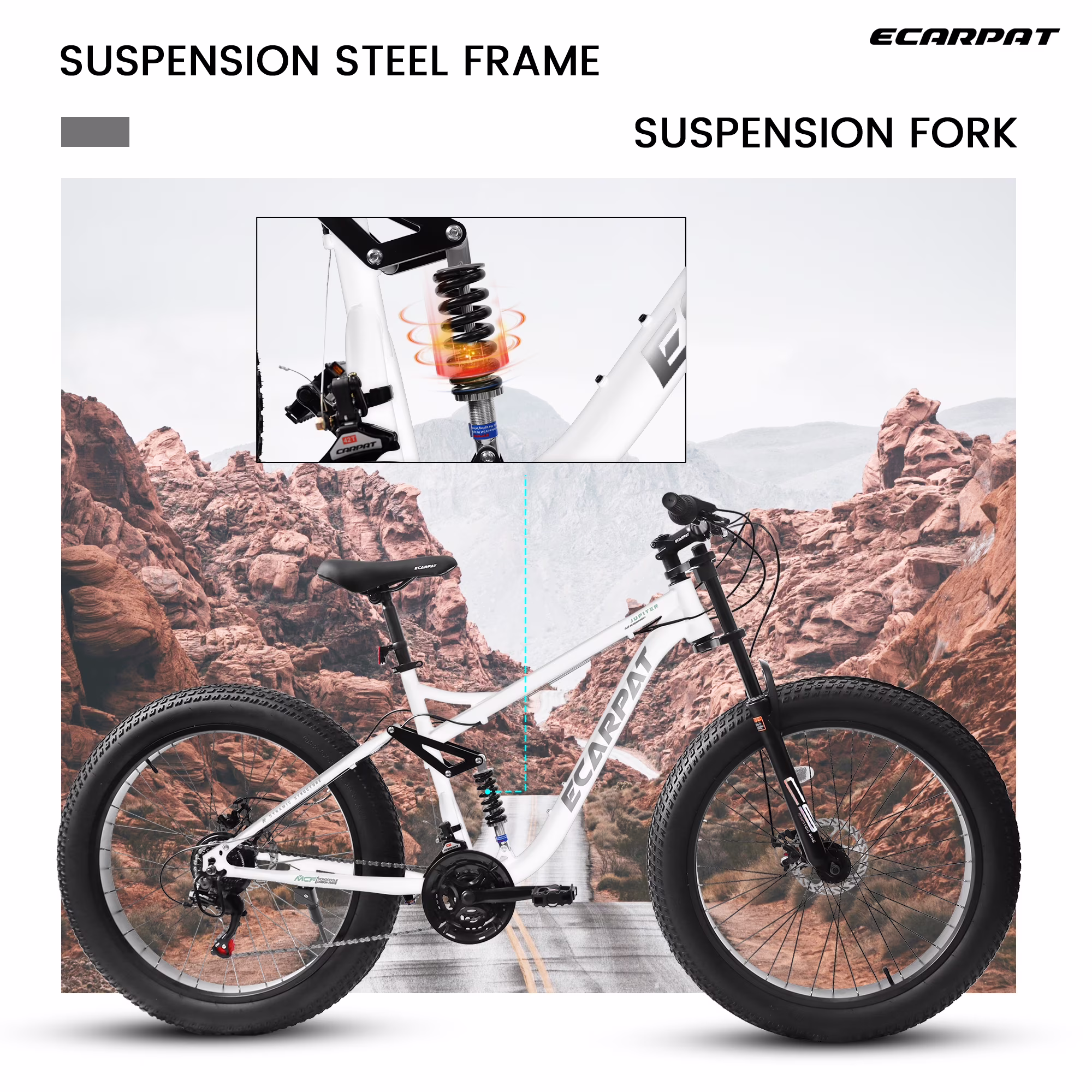 26 Inch Fat Tire Mountain Bikes, Full Suspension 21 Speed Mountain Bicycle with Dual Disc Brakes, 4-Inch Wide Fat Tire MTB for Mens Women Adults, White - Image 2