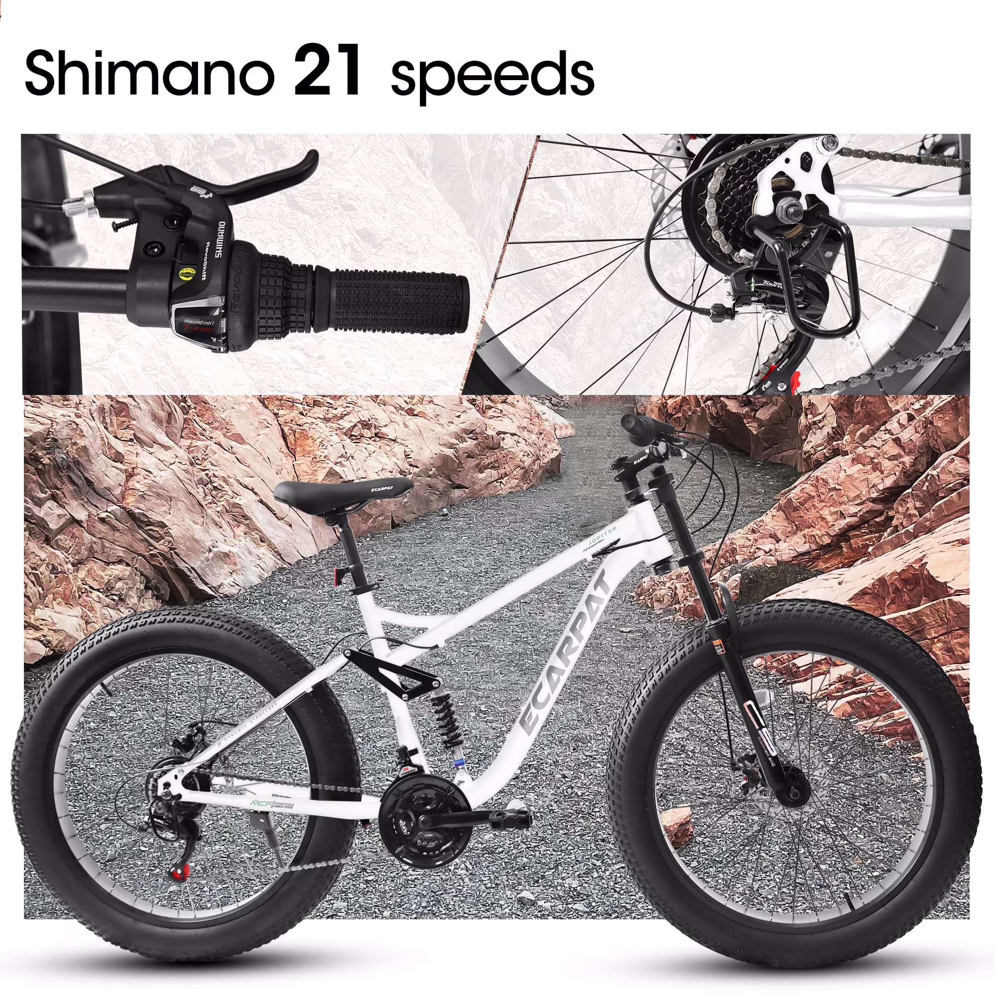 26 Inch Fat Tire Mountain Bikes, Full Suspension 21 Speed Mountain Bicycle with Dual Disc Brakes, 4-Inch Wide Fat Tire MTB for Mens Women Adults, White - Image 4