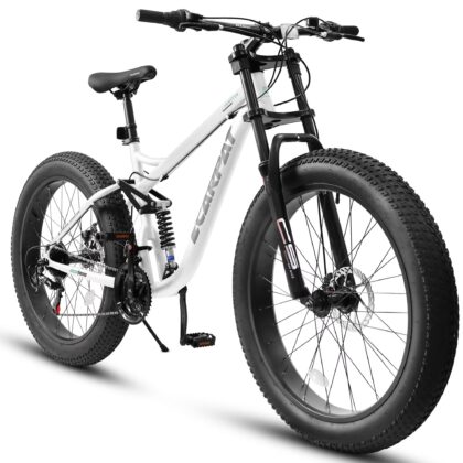 26 Inch Fat Tire Mountain Bikes, Full Suspension 21 Speed Mountain Bicycle with Dual Disc Brakes, 4-Inch Wide Fat Tire MTB for Mens Women Adults, White