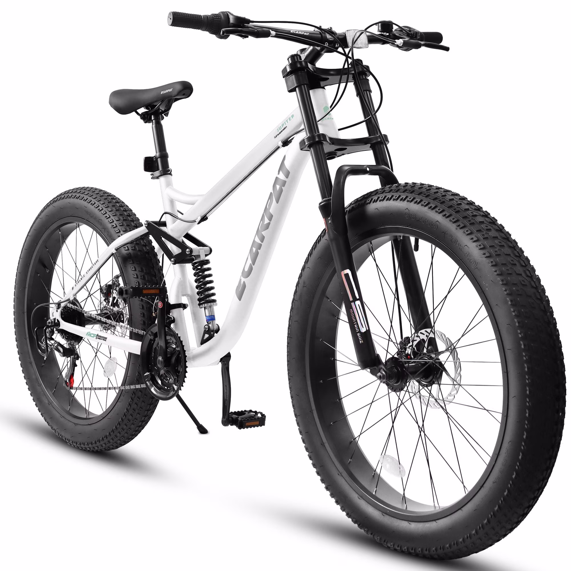 26 Inch Fat Tire Mountain Bikes, Full Suspension 21 Speed Mountain Bicycle with Dual Disc Brakes, 4-Inch Wide Fat Tire MTB for Mens Women Adults, White