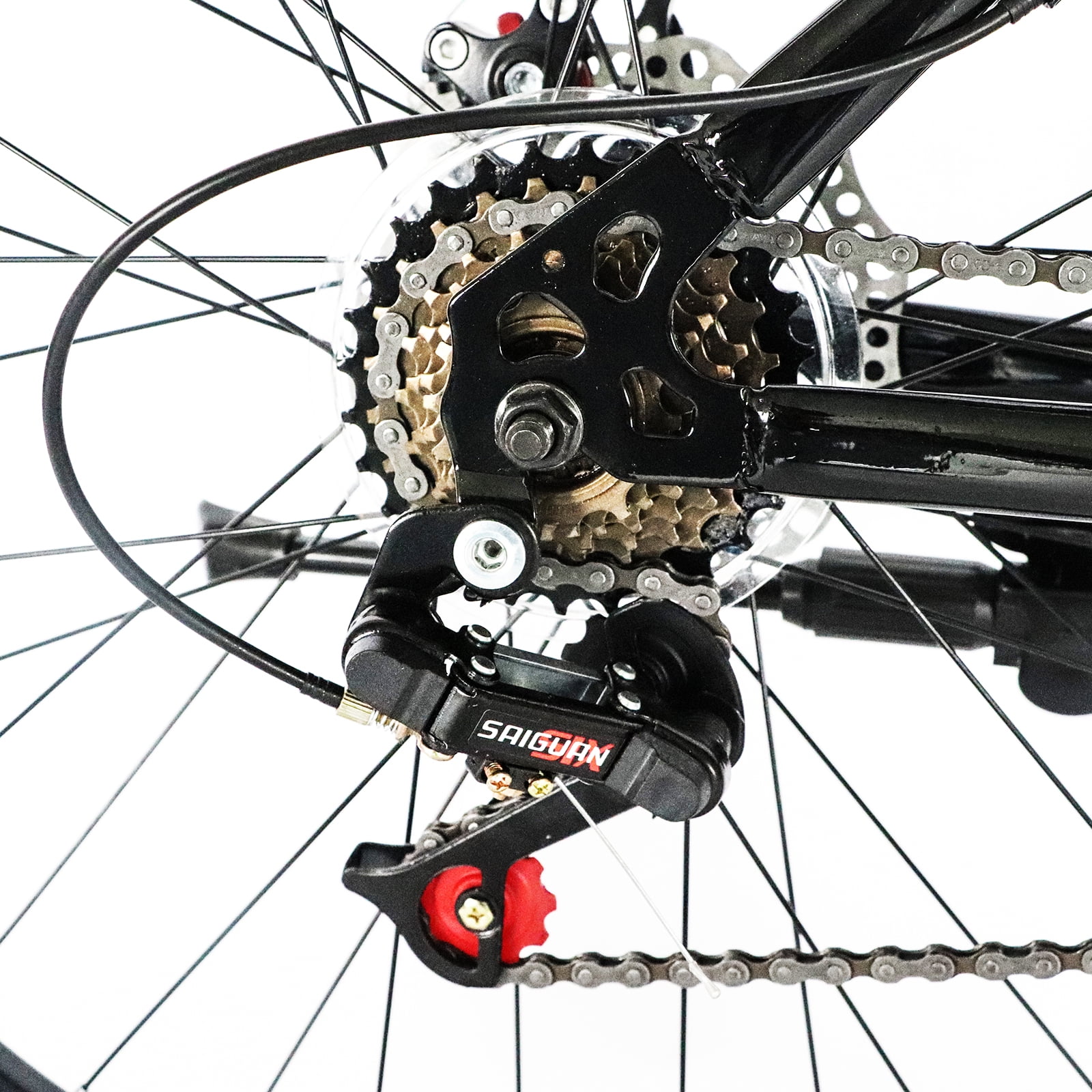 26 Inch Mountain Bike 21-Speed Disc Brakes Thickened Shock-Absorbing Front Fork High Carbon Steel Frame with Adjustable Saddle Red Black - Image 4
