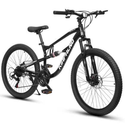 26 Inch Mountain Bike Dual Suspension, 21-Speed Mountain Bicycle with Dual Disc Brakes, Steel Frame MTB Bike for Outdoor Trail Commuter, Black