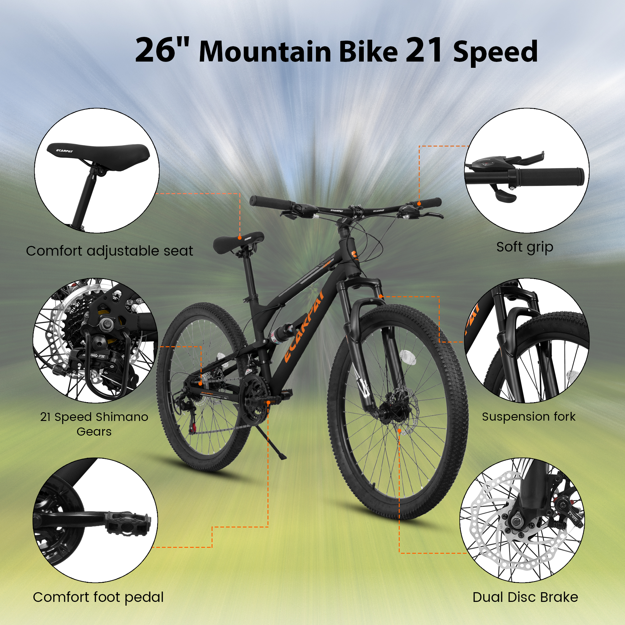 26 Inch Mountain Bike Dual Suspension MTB Bicycle for Teens and Adults, 21-Speed Model with Dual Disc Brakes and Comfortable Saddle, Lightweight Frame Commuter Bike - Image 2